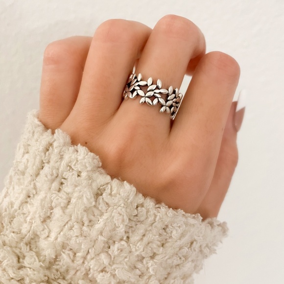 Jewelry - 925 Sterling Silver Flower Ring Geometric Ring Leaf Ring Silver Chunky Ring